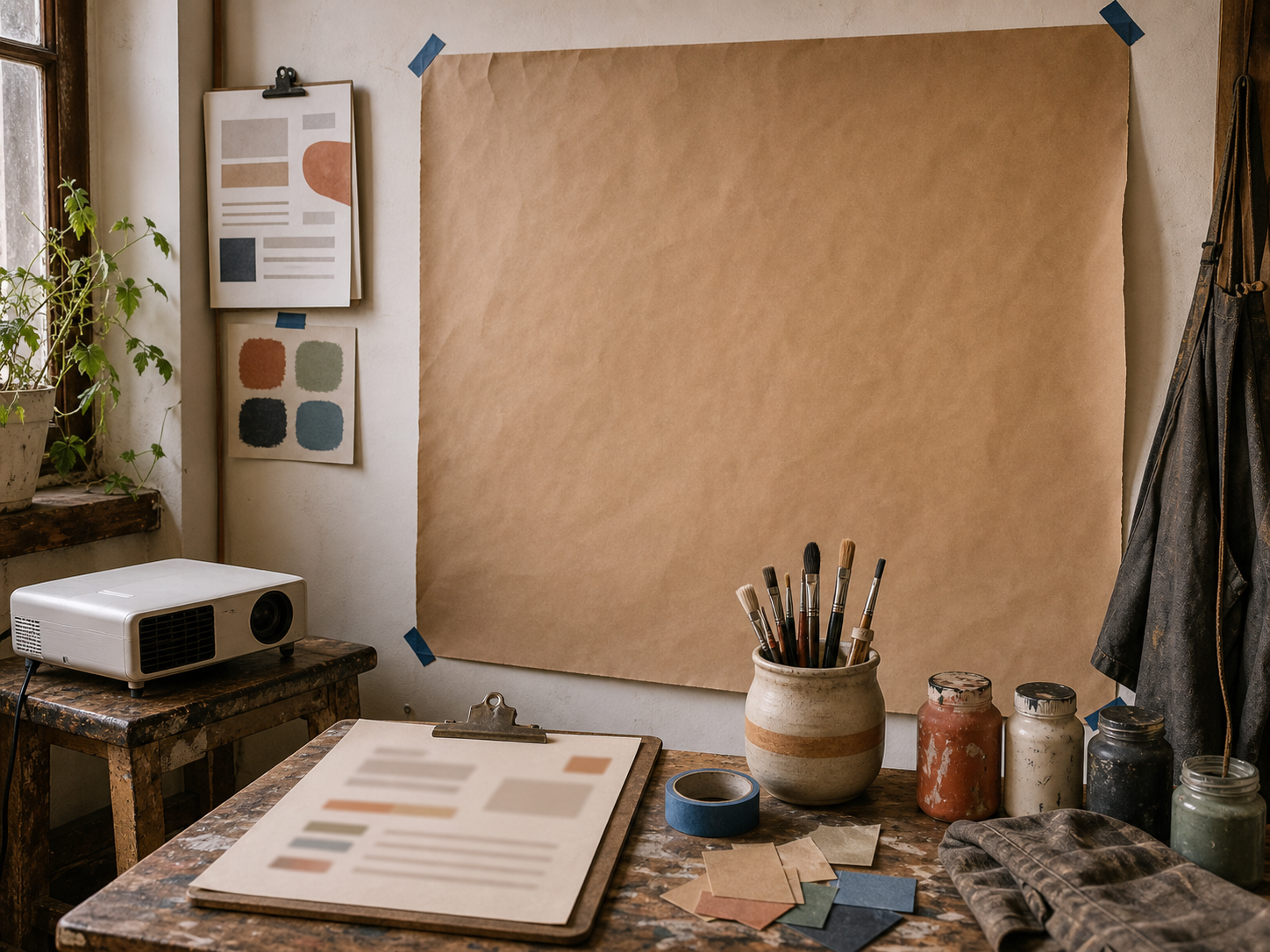 A maker's studio wall with a blank kraft banner mounted on painter's tape, projector, brushes, paint jars, and a Procreate mockup on an iPad.
