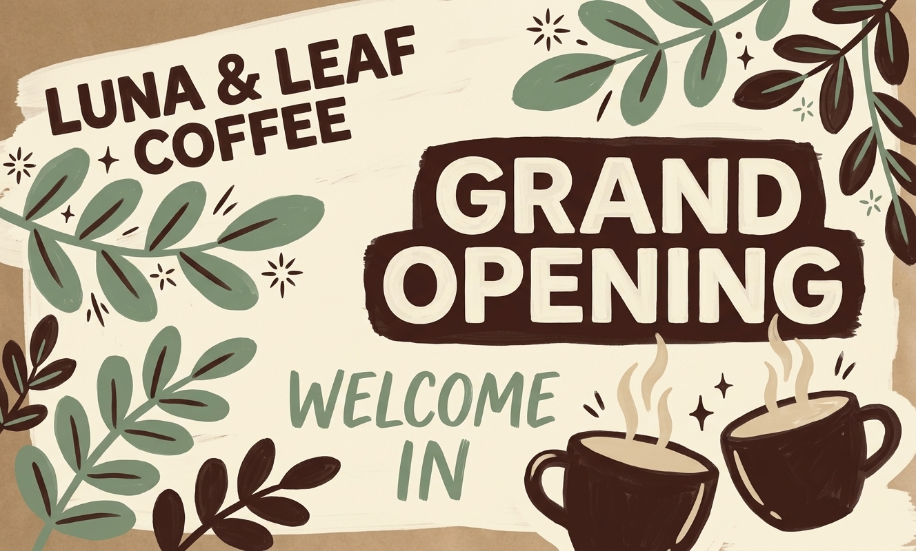 Grand opening kraft banner with coffee cup artwork